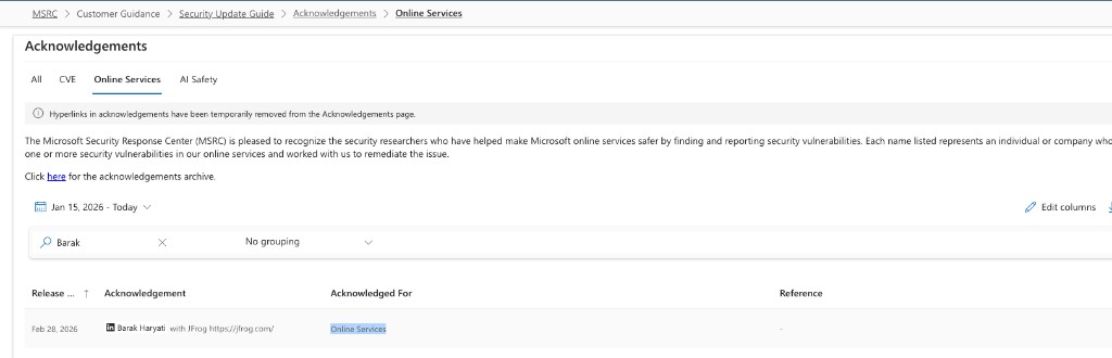 MSRC Online Services acknowledgements showing Barak Haryati with JFrog, released February 28, 2026, filtered by the keyword Barak